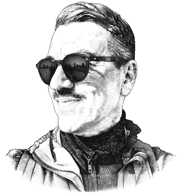 Illustrated portrait of Alex in round sunglasses, a city skyline reflected in the lenses